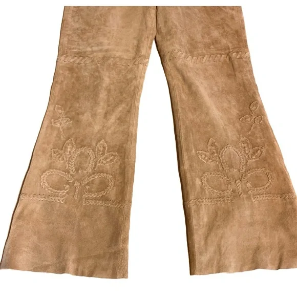 MARGARET GODFREY TAN SUEDE WHIP STITCH W/FLORAL DESIGN FLARE LEG PANTS (10) - Picture 10 of 14